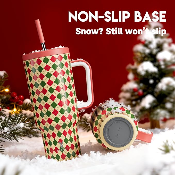 Meoky 40 oz Christmas Tumbler with Handle and Straw, Xmas Tumbler with Lid and Straw, Insulated Stainless Steel Travel Mug, Christmas Gifts for Women Men Adults (Winter Plaid)