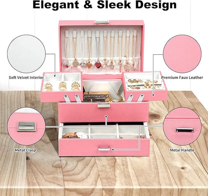 Dajasan Jewelry Box for Girls Women, PU Leather Jewelry Organizer Box, 3 Layers Jewelry Gift Box for Christmas, Valentine's Day, Birthday, Mother's Day (Pink)