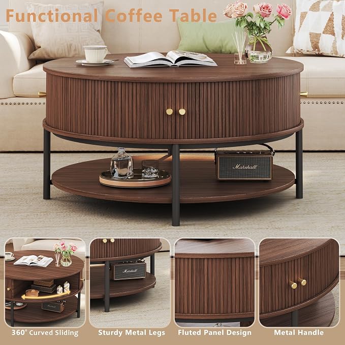 HUAHUU 31.5" Round Coffee Table with Storage, Mid Century Modern Coffee Table with Sliding Cabinet Door, Round Metal Legs, 3-Tier Small Round Coffee Tables for Living Room, Walnut