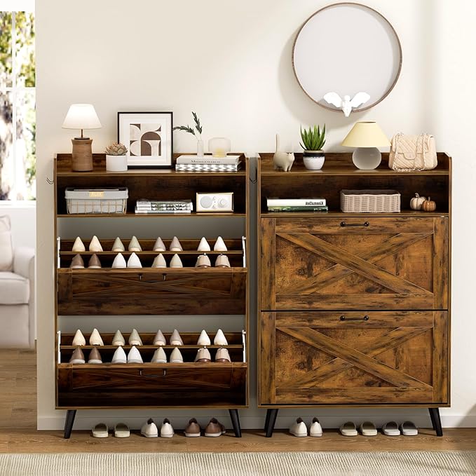 EOYUTLLY Shoe Cabinet with Bench, Entryway Shoe Organizer with 2 Flip Drawers & Open Shelf, Narrow Shoe Storage Cabinet for Entryway, Freestanding Shoe Rack with Legs, Brown