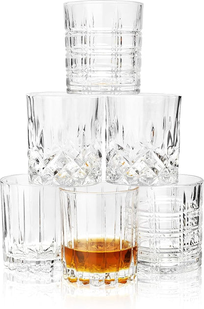 KANARS Whiskey Glasses Mixed, 10 Oz Scotch Glasses Set of 6, Rock Bar Tumblers 3 Patterns in Luxury Gift Box for Birthday, Anniversary, Housewarming and Wedding