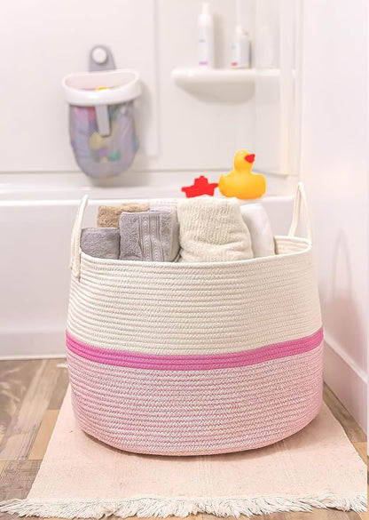 OrganiHaus Large Woven Storage Basket for Blankets and Toys 20" x 13" Inch, Rope Laundry Basket with Handles, Cushions & Pillows Storage Bin, Nursery Hamper, Soft Round Dog Toy Bin - Pink Stripe