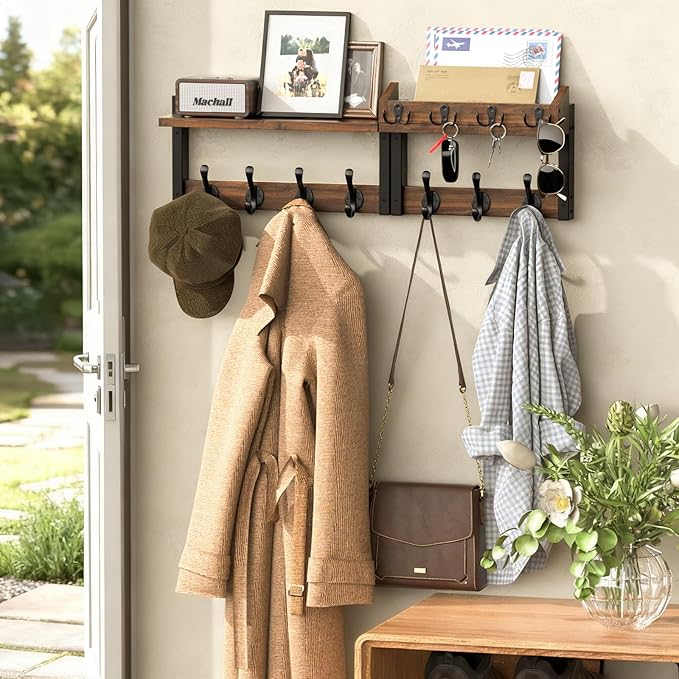 29'' Rustic Coat Rack Wall Mount with Shelf, Solid Wood Coat and Key Hanger with 11 Metal Hooks, Farmhouse Wall Organizer for Mail, Entryway Wall Hangers for Hats, Clothes, Backpacks, Mudroom