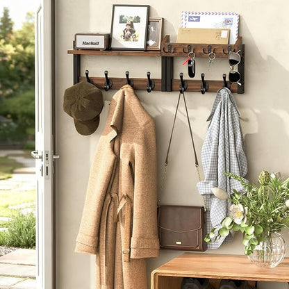 29'' Rustic Coat Rack Wall Mount with Shelf, Solid Wood Coat and Key Hanger with 11 Metal Hooks, Farmhouse Wall Organizer for Mail, Entryway Wall Hangers for Hats, Clothes, Backpacks, Mudroom