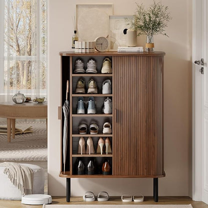 ONBRILL 6-Tier Shoe Cabinet with Sliding Door, Wooden Shoe Storage Cabinet with Adjustable Shelves, Mid-Century Modern Freestanding Shoe Storage Organizer for Entryway, Hallway, Living Room, Walnut