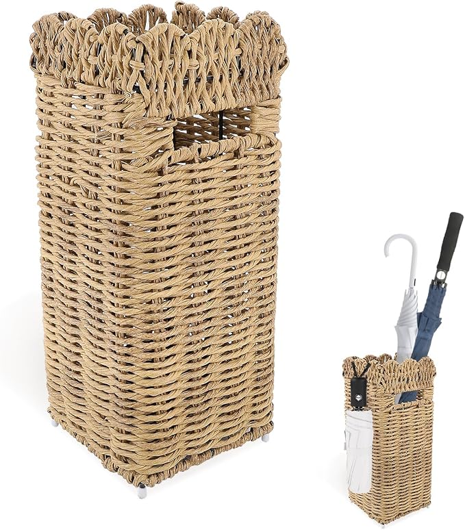 Woven Umbrella Stand for Entryway, PE Rattan Umbrella Holder Basket with Removable Drip Tray, Scalloped Square Cane Stand for Umbrellas, Walking Sticks, Wrapping Paper, Farmhouse Porch Decor, 16.5"