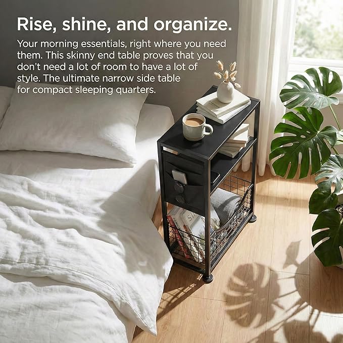 Skinny Side Table with Storage, 3 Tier Slim Side Tables for Small Spaces, Skinny End Table Narrow Bedside Table Narrow Side Table for Living Room, Bedroom