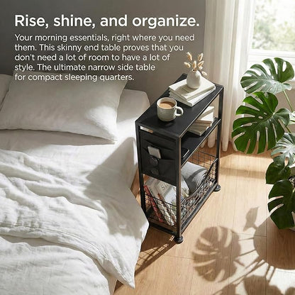 Skinny Side Table with Storage, 3 Tier Slim Side Tables for Small Spaces, Skinny End Table Narrow Bedside Table Narrow Side Table for Living Room, Bedroom