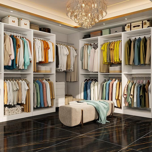 Closet System with 9 Hanging Rods& Shelf , 6FT Small Closet Organizer System Wood with Extra Side Hanging Rod for Walk in Closet Storage, Modular Closet Systems, White(6FT)