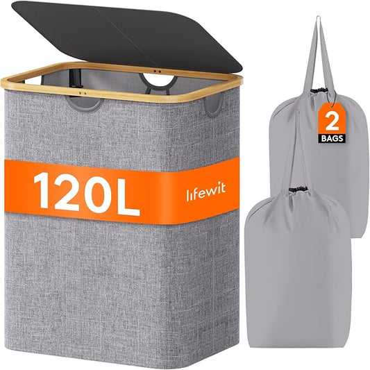 Lifewit 120L Laundry Basket with Lid, Clothes Hampers for Laundry with Bamboo Handles and 2 Removable Bag, Large Foldable Laundry Hamper for Bedroom, Bathroom, Dorm, Laundry Room, Light Gray