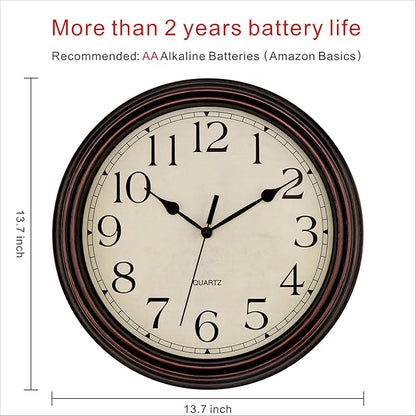 Foxtop 14 Inch Wall Clock Battery Operated Silent Non-Ticking Round Classic Vintage Retro Wall Clock Decorative for Living Room Kitchen Home Office (Bronze)