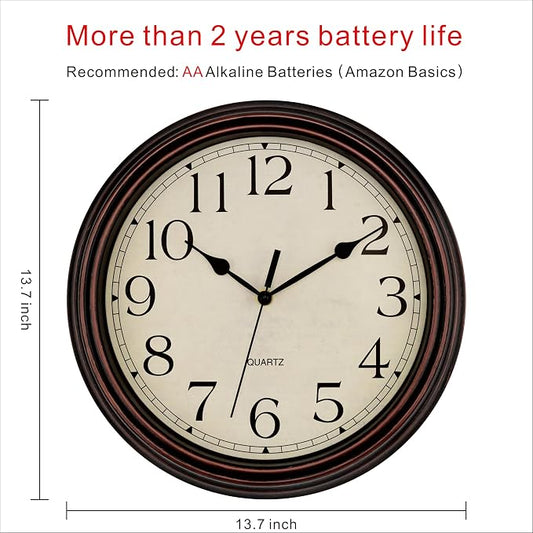 Foxtop 14 Inch Wall Clock Battery Operated Silent Non-Ticking Round Classic Vintage Retro Wall Clock Decorative for Living Room Kitchen Home Office (Bronze)