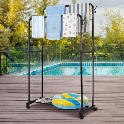 57" H Pool Towel Rack with Wheels for Outdoor 2-Tier Free Standing Towel Drying Rack Metal Heavy Duty Bathroom Pool Accessory Blanket Ladder Storage for Outdoor Spa Bathroom