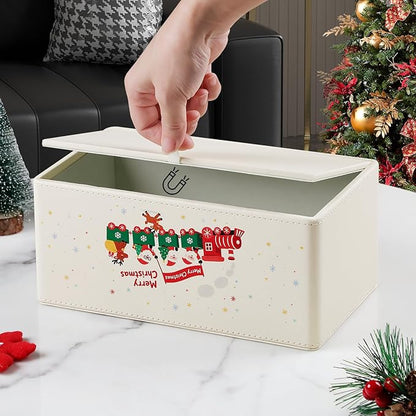 Square Christmas-Themed Tissue Box Cover with A Magnetic Bottom,A Stylish Leather-Decorated Tissue Holder for Living Rooms, Bedrooms, and Office Desks (White Rectangle)