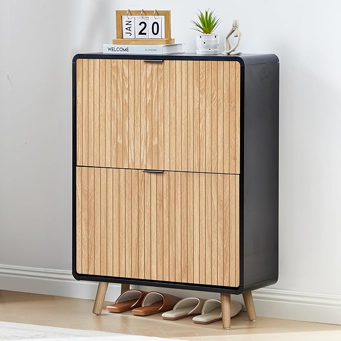 Narrow Shoe Cabinet Storage for Entryway,Slim Shoe Cabinet with 2 Flip Drawers, Fluted Shoes Rack Organizer (Natural with Black, 2 Drawers)