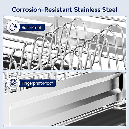 Stainless Steel Dish Drying Rack - Expandable Dish Racks for Kitchen Counter Organizer with Drain Board, Detachable Utensil & Cup Holder, Dish Drainer for Small Kitchen Counter, Black