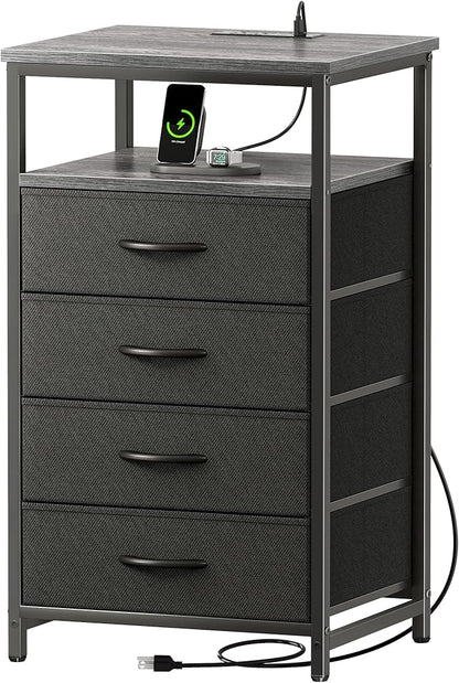 Huuger Night Stand with Charging Station, 4 Drawer Dresser for Bedroom, Bedside Table, 33.9 Inch Tall Nightstand with Open Shelf, End Table, for Closet, Entryway, Bedroooom, Gray