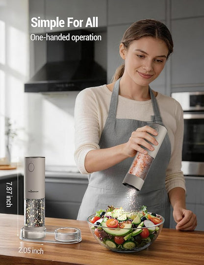 ThermoMaven Electric Salt and Pepper Grinder Set, 110ml Larger Rechargeable Automatic Salt and Pepper Mill Grinder with 6 Adjustable Coarseness, Electric Salt and Pepper Shakers, LED, Greige