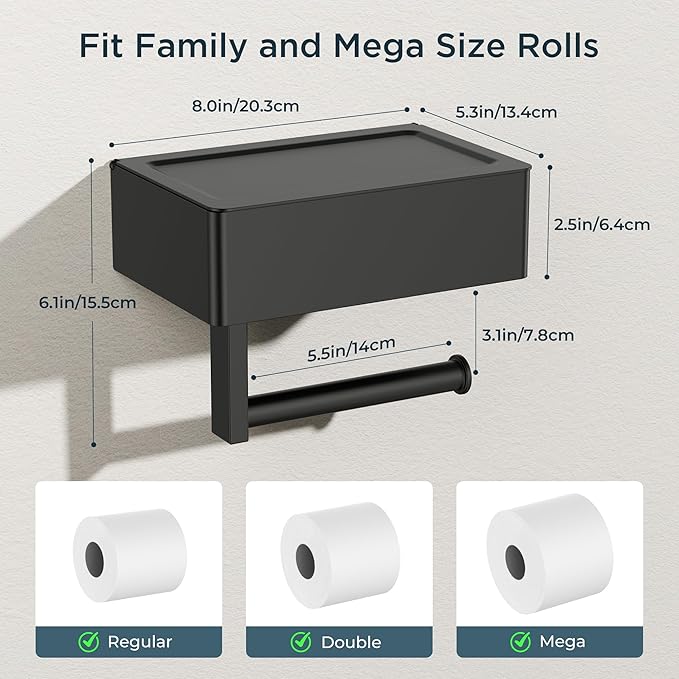 FORIOUS Toilet Paper Holder with Shelf, Sanitary Napkin Receptacle Tampon Holder, Wall Mount Toilet Paper Holder with Storage, Flushable Wipes Dispenser Fits for Bathroom Commercial(1, Matte Black)