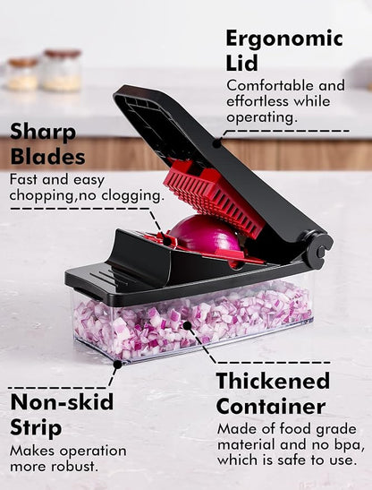 Geedel Vegetable Chopper, Onion Chopper Pro Food Chopper, Kitchen Vegetable Slicer Dicer Cutter, Veggie Chopper with container for Salad Onion Potato Carrot (2 in 1, Red)