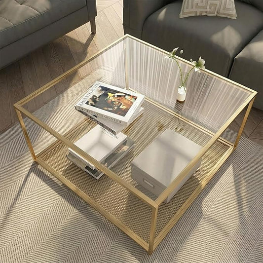 Gold Glass Coffee Table, Square Coffee Tables with Storage Shelf, Simple Tea Cocktail Modern Center Tables for Small Space, Living Room, Easy Assembly, 26 * 26in（Gold）