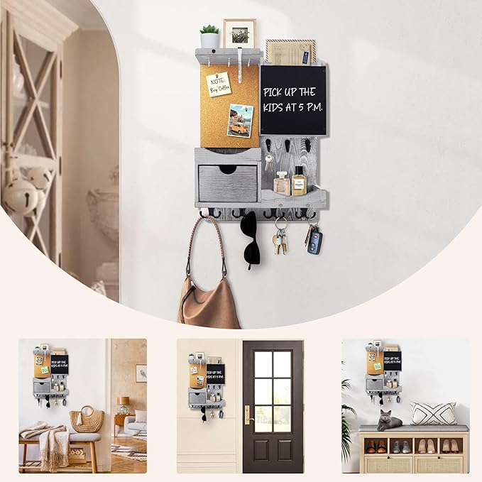 Key Holder Wall Mount， Mail Organizer Key Holder for Wall with Shelf, Drawer, Chalkboard, Corkboard, Home Decor Wall Mounted for Room Entryway(Grey)