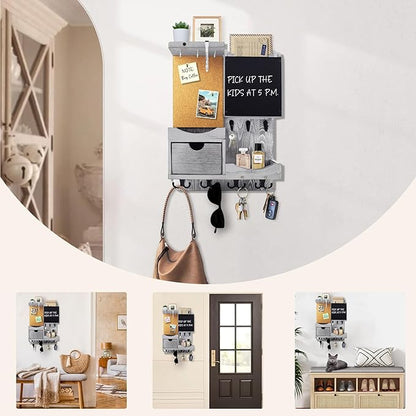 Key Holder Wall Mount， Mail Organizer Key Holder for Wall with Shelf, Drawer, Chalkboard, Corkboard, Home Decor Wall Mounted for Room Entryway(Grey)