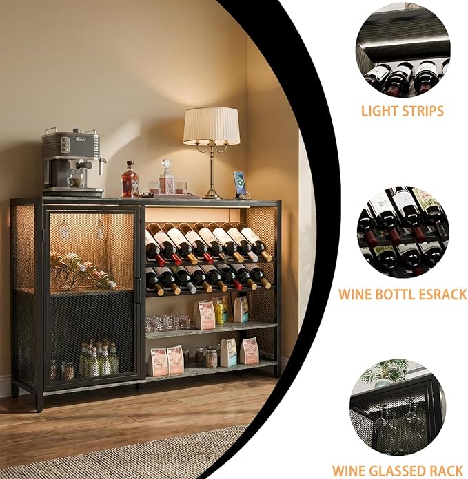 48" Wine Bar Cabinet with Power Outlet, Industrial Coffee Bar Cabinet with LED Strip, Liquor Bar Cart with Wine Rack and Glass Holder for Living Room Dining Room Kitchen, Rustic Grey