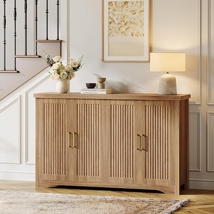 Fluted Buffet Cabinet with Storage Accent Sideboard,Modern Credenza with 4 Doors & Adjustable Shelves,Wood Coffee Bar Table Console for Dining Room Kitchen Living Room Entryway,Natural Oak