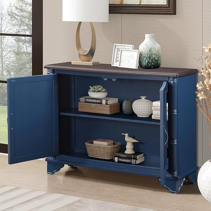 40" Solid Wood Buffet Storage Cabinet,Vintage Console Table with Adjustable Shelf,Retro Sofa Table with Solid Pine Wood Legs for Living Room,Entryway,Blue