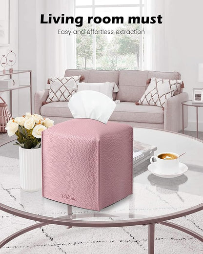 Tclouda Tissue Box Cover for PU Leather, Modern Simple Solid Color Holder Square Tissue Bag, Ideal for Bathrooms,Office,Car,Nightstand,Outdoor Tent,Dining Table,5"X5"X5", Single Pink