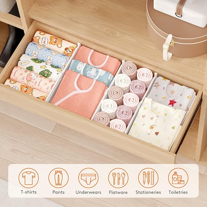 Lifewit 16 Pack Drawer Dividers for Clothes, 4" High 10.5"-16.5" Expandable Dresser Drawer Organizers, Adjustable White Plastic Separators for Kitchen, Cabinet, Nursery, Socks & Underwear Storage