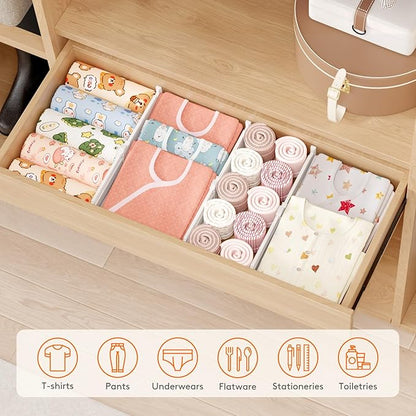 Lifewit 9 Pack Drawer Dividers for Clothes, 4" High 10.5"-16.5" Expandable Dresser Drawer Organizers, Adjustable White Plastic Separators for Kitchen, Cabinet, Nursery, Socks & Underwear Storage