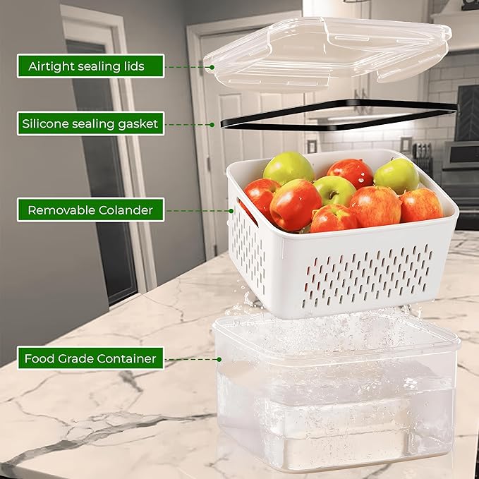 4-Piece Fruit Storage Containers for Fridge, Leakproof and Removable Colander, Dishwasher & Microwave Safe, Extend Freshness of Fruits and Vegetables (White)