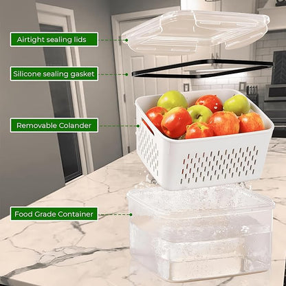4-Piece Fruit Storage Containers for Fridge, Leakproof and Removable Colander, Dishwasher & Microwave Safe, Extend Freshness of Fruits and Vegetables (White)
