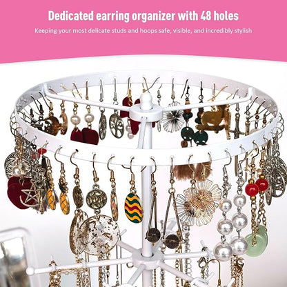 360 Rotating 2-Tier Jewelry Organizer Stand, Large Earring Holder Organizer with 48 Holes for Studs，24 Prongs for Necklaces, Wide Base for Bracelets, Watches, Lipstick, Jewelry Display Stand for Women