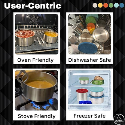 Alpine Elevation 12 Pcs - 6 Stainless Steel Containers + 6 Silicone Lids | 304 Stainless Steel Snack Container | Nesting Snack and Dip Containers | Metal Food Storage