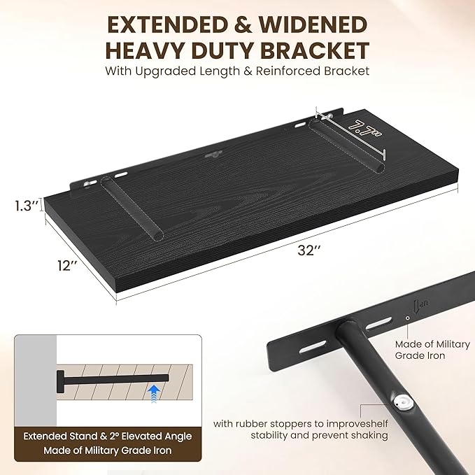 Dreamland 32" Floating Shelves for Wall, 12" Deep Slim Black Floating Shelves, Wall-Mounted Shelves for Bedroom, Living Room, Kitchen, Bathroom - Set of 2
