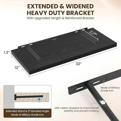 Dreamland 32" Floating Shelves for Wall, 12" Deep Slim Black Floating Shelves, Wall-Mounted Shelves for Bedroom, Living Room, Kitchen, Bathroom - Set of 2
