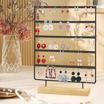 Earring Holder Organizer, 5-Tier Earring Organizer with 60-Pair Capacity, Wooden Base Metal Earring Display, Jewelry Storage & Display for Home Store, Suitable for Women