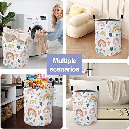 Laundry Basket,Cartoon Rainbow Large Canvas Fabric Lightweight Storage Hamper Organizer Dirty Clothes Collapsible Waterproof for College Dorms,Bathroom