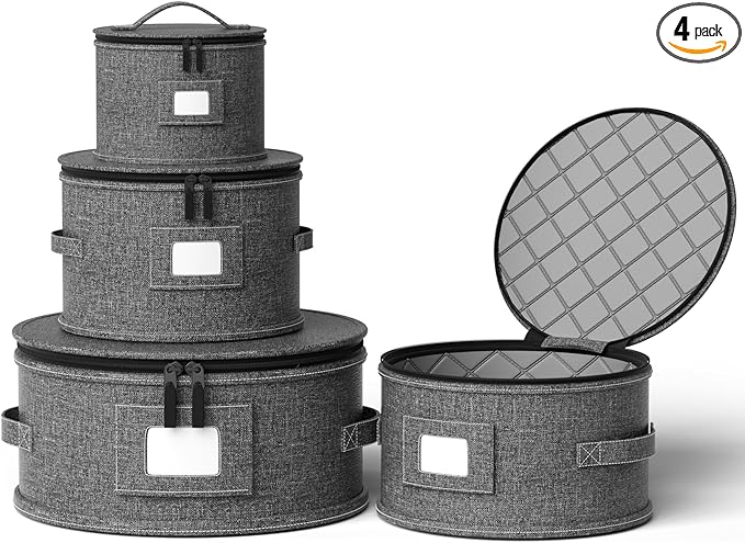 YearningHome China Storage Containers,4 Piece Set,Hard Shell Moving Boxes for Dishes,Plate,Dinnerware,Saucers Quilted Organizer Dividers for Packing Fine China Storage Containers,Grey