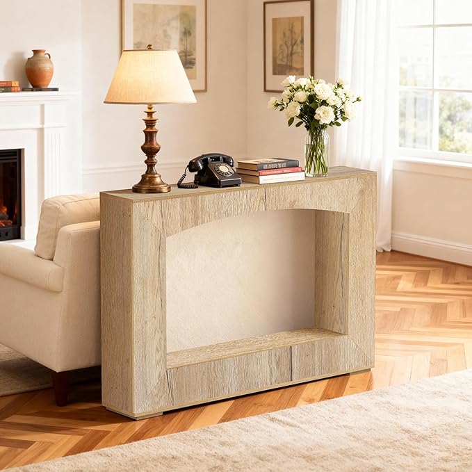 46 Inch Entryway Table U-Shaped, Wooden Console Table with Socket Farmhouse Sofa Table for Entrance, Hallway, Living Room,Behind Couch((Natural Brown)