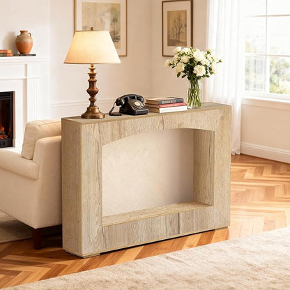 46 Inch Entryway Table U-Shaped, Wooden Console Table with Socket Farmhouse Sofa Table for Entrance, Hallway, Living Room,Behind Couch((Natural Brown)