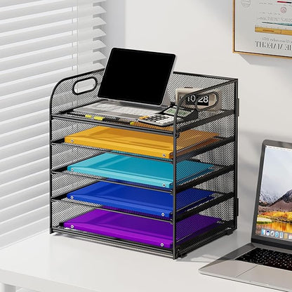5 Tier Paper Organizer with Handle, Black Metal Mesh Desk Organizer File Folder Paper Letter Tray Desktop Document Sorter for Classroom, School, Office Accessories Organization and Storage