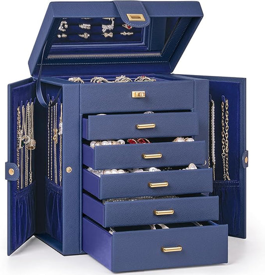 AKOZLIN 6-Tier Jewelry Box Organizer Functional 5 Drawers Leather Jewelry Storage Case for Women Girls Ring Necklace Earring Bracelet Holder Organizer with Mirror Medium Blue