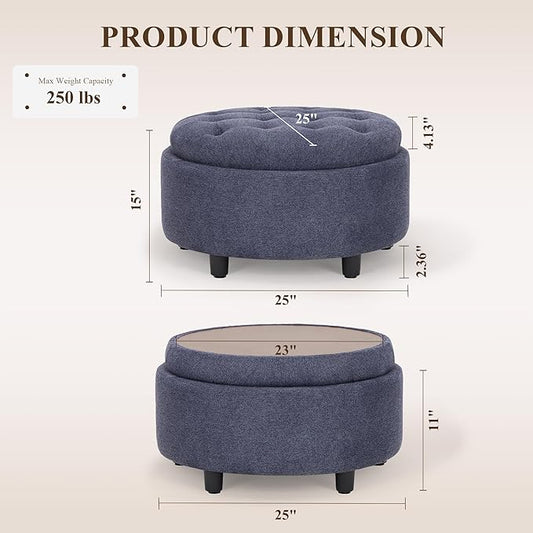COLAMY Fabric Round Storage Ottoman with Reversible Tray Lid – Multi-Functional Footrest, Hidden Storage, Sturdy & Stylish Small Coffee Table for Living Room, Bedroom, or Entryway(Blue)