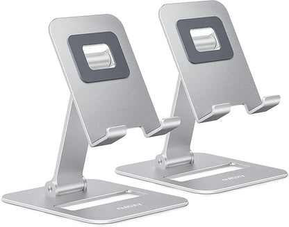 Nulaxy 2 Pack Dual Folding Cell Phone Stand, Fully Adjustable Phone Holder for Desk, Compatible with iPhone 16 15 14 13 12 11, Nintendo Switch, All Phones, Silver