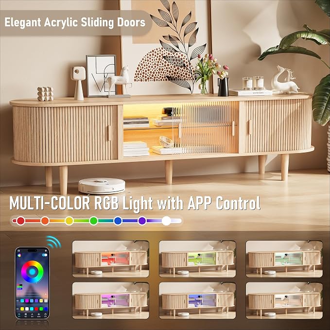 70" Fluted TV Stand with LED Lights for TVs up to 75 Inch, Mid Century Modern Entertainment Center with Sliding Doors & Glass Shelf, TV Console Table Media Console for Living Room, Natural Oak