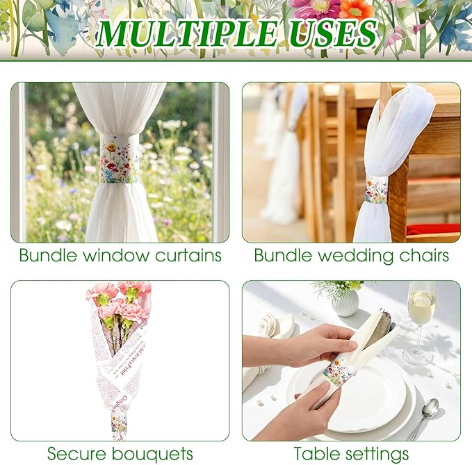 300 Pcs Spring Wildflower Paper Napkin Rings Disposable Napkin Bands Self Adhesive Colorful Wildflower Silverware Wrap Band for Floral Birthday Holiday Party Dinner Table Setting Decoration